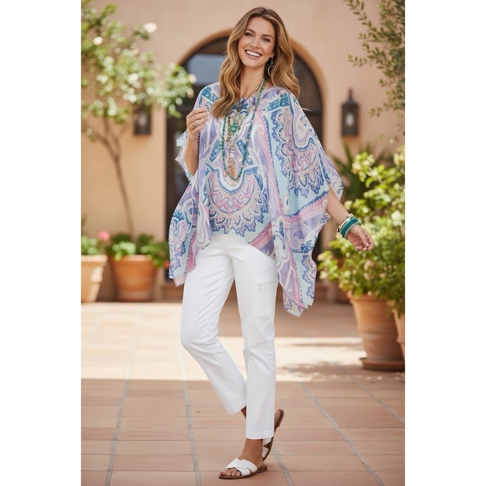 Chico's 100% Linen Poncho Kaftan Top Size L/XL Paisly llkat